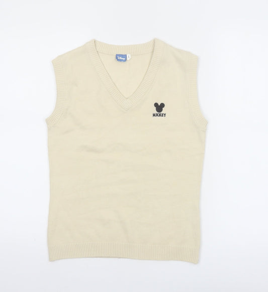 Disney Womens Beige Mickey Knit V-Neck Sleeveless Vest L