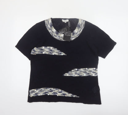 Anne Smith Womens Black Sequin Short Sleeve Knit Pullover Jumper L/XL