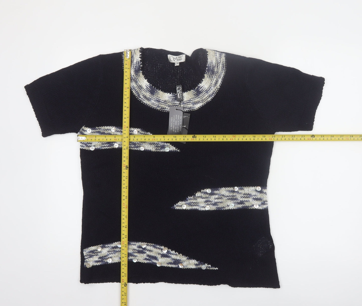 Anne Smith Womens Black Sequin Short Sleeve Knit Pullover Jumper L/XL
