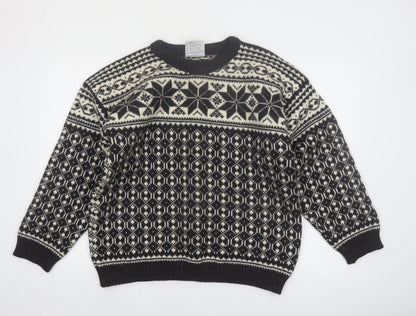 Voss Mens Black Wool Fair Isle Winter Jumper Size L