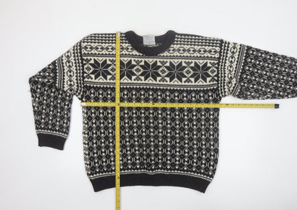 Voss Mens Black Wool Fair Isle Winter Jumper Size L