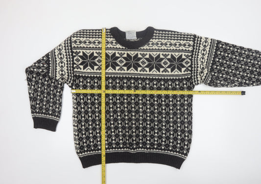 Voss Mens Black Wool Fair Isle Winter Jumper Size L