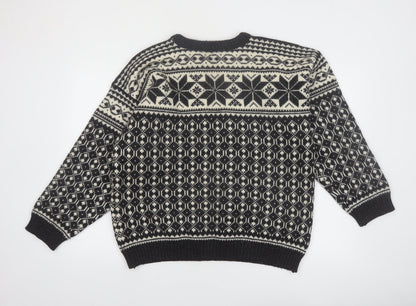 Voss Mens Black Wool Fair Isle Winter Jumper Size L
