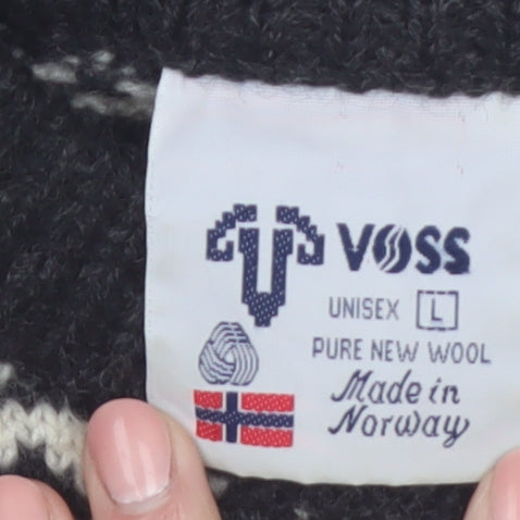 Voss Mens Black Wool Fair Isle Winter Jumper Size L