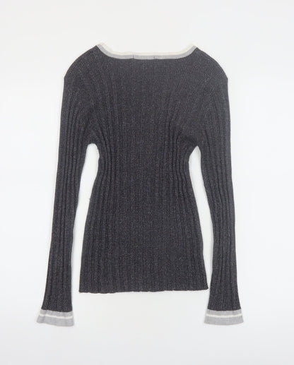 Tu Women Grey Ribbed Knit Slim Fit Pullover Jumper Size 14