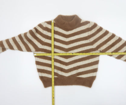 Warehouse Women’s Beige Striped High Neck Long Sleeve Jumper Size 10