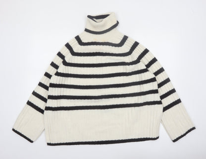 H&M Women's Ivory Black Striped Roll Neck Knitted Jumper Size 12