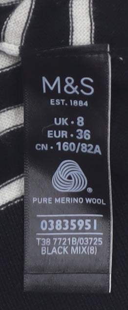 Marks and Spencer Womens Black Striped Merino Wool Jumper Size 8