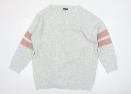 Micha Lounge Women Grey Pink V-Neck Long Sleeve Knit Jumper Size M