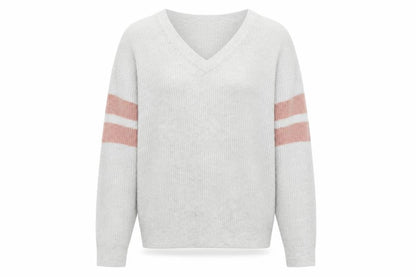 Micha Lounge Women Grey Pink V-Neck Long Sleeve Knit Jumper Size M