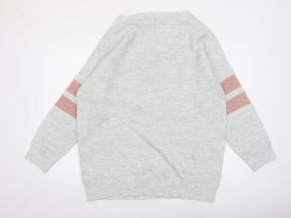 Micha Lounge Women Grey Pink V-Neck Long Sleeve Knit Jumper Size M