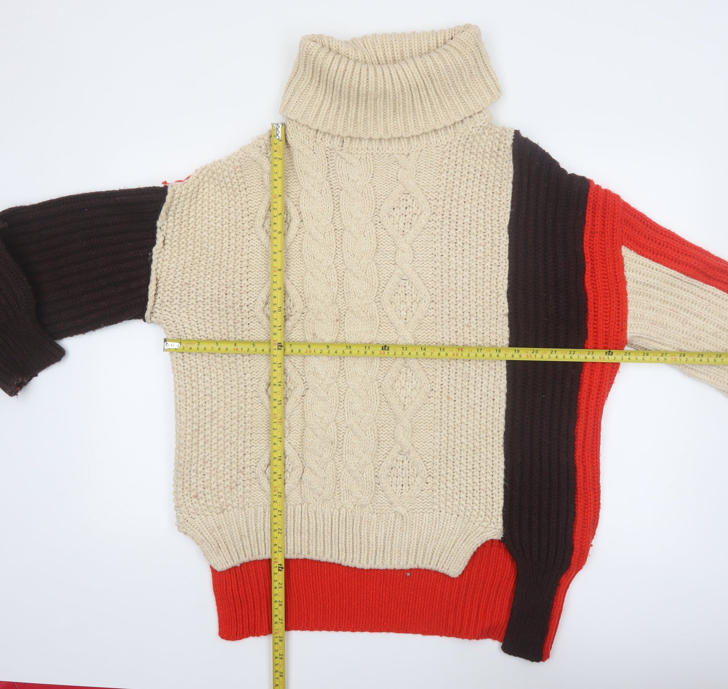 ZARA Women’s Beige Brown Red Roll Neck Chunky Knit Jumper Size M