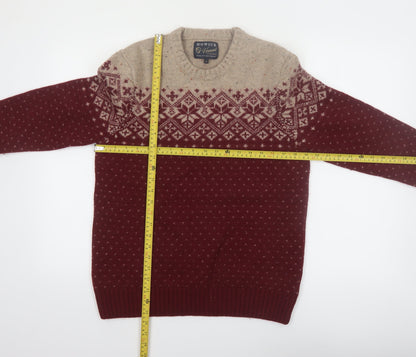 Howick Men Red Fair Isle Wool Blend Crew Neck Jumper M