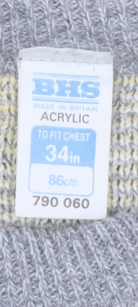 BHS Women Grey Yellow Acrylic Jumper Size 10 Classic Knit