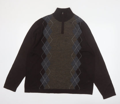 Alfani Men’s Brown Argyle 1/4 Zip High Neck Wool Jumper L