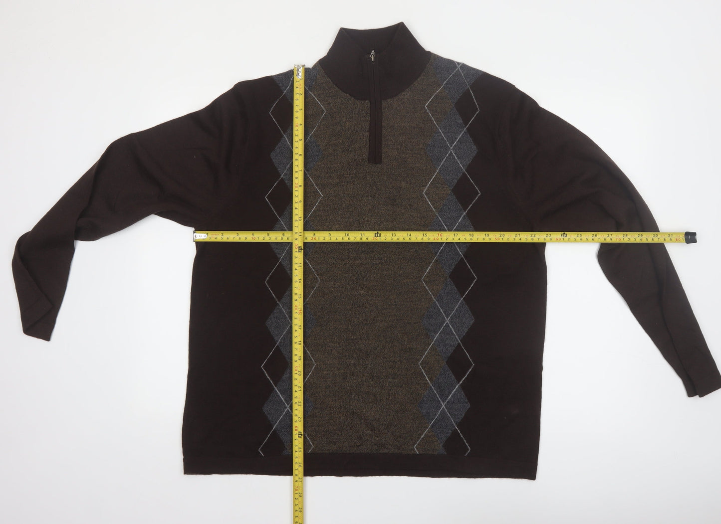 Alfani Men’s Brown Argyle 1/4 Zip High Neck Wool Jumper L