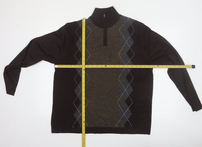 Alfani Men’s Brown Argyle 1/4 Zip High Neck Wool Jumper L