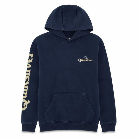 Front view of Quiksilver boys’ blue pullover hoodie, size 14, years hooded fleece logo sweatshirt
