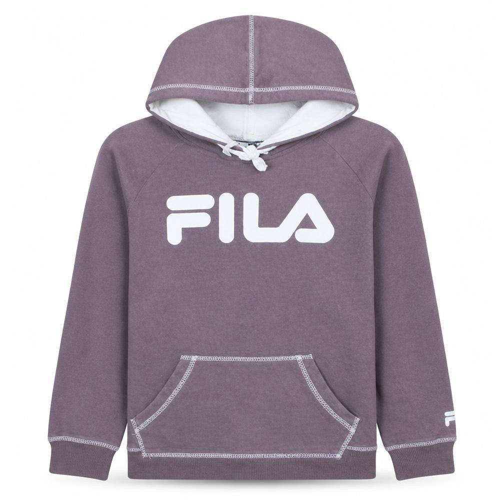 Front view of Fila girls’ purple hooded pullover sweatshirt, size 12, cotton blend