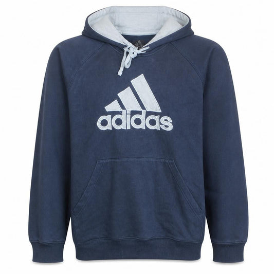 Front view of Adidas Men's Blue Pullover Hoodie, size M, Sports Logo Fleece