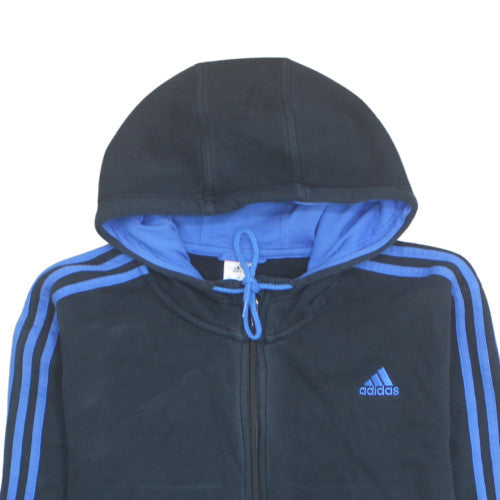Adidas Mens Black 2XL Full Zip Fleece Hoodie with Blue Stripes