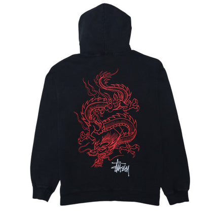 Stussy Mens Black XL Pullover Hoodie with Dragon Graphic Print