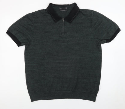 Marks and Spencer Men's Green XL Zip Neck Cotton Polo Shirt