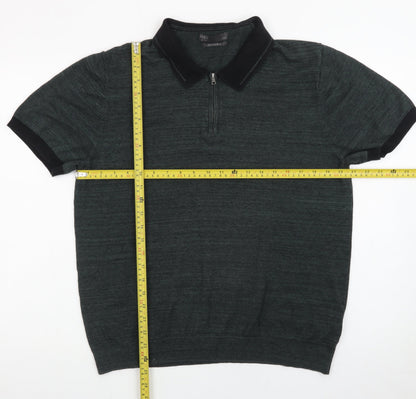 Marks and Spencer Men's Green XL Zip Neck Cotton Polo Shirt