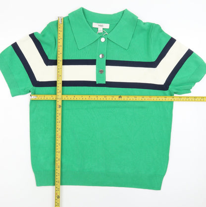 Marks and Spencer Men's Green Colourblock Knit Polo Shirt L