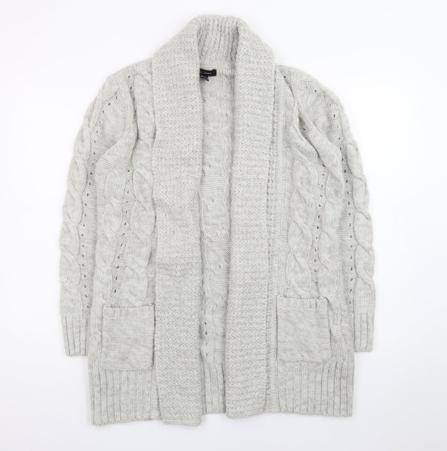 New Look Women Grey Cable-Knit Long Sleeve Open Cardigan Size 12