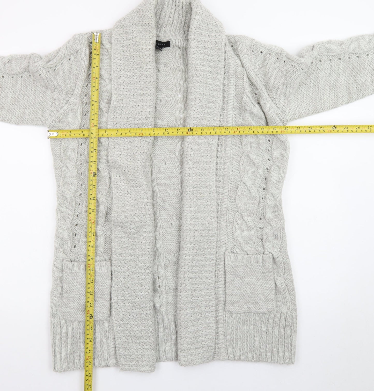 New Look Women Grey Cable-Knit Long Sleeve Open Cardigan Size 12