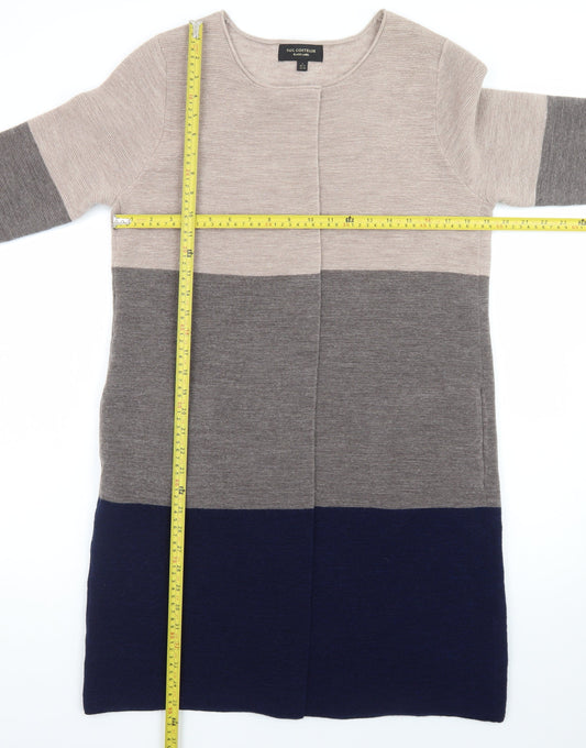 Paul Costelloe Women Beige Grey Navy Colour Block Long Cardigan UK 14