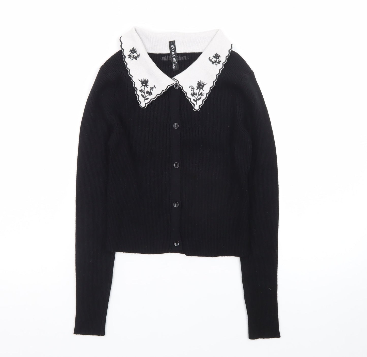 Extra Me Women's Black Cardigan S/M Embroidered Collar Long Sleeve Knit