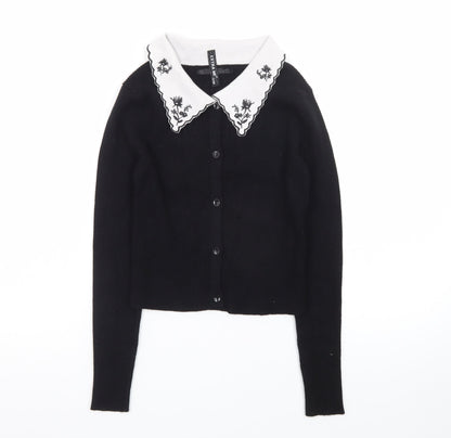 Extra Me Women's Black Cardigan S/M Embroidered Collar Long Sleeve Knit