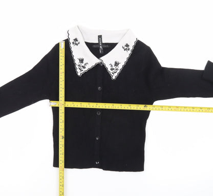 Extra Me Women's Black Cardigan S/M Embroidered Collar Long Sleeve Knit