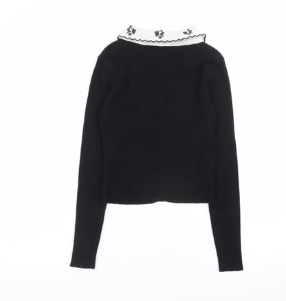 Extra Me Women's Black Cardigan S/M Embroidered Collar Long Sleeve Knit