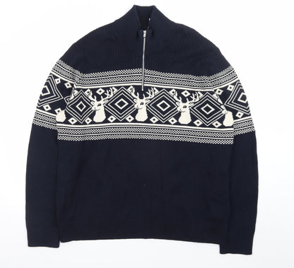 Marks and Spencer Men's Blue 2XL 1/2 Zip Cotton Christmas Jumper