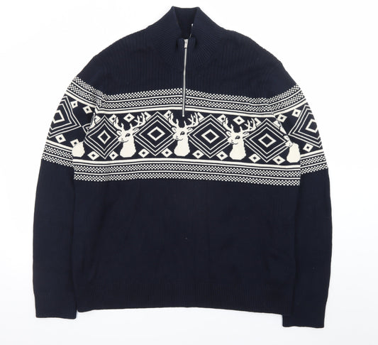 Marks and Spencer Men's Blue 2XL 1/2 Zip Cotton Christmas Jumper