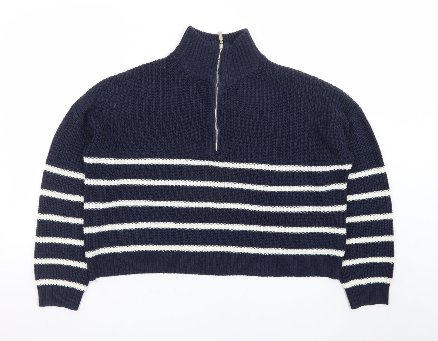 Brave Soul Women Blue Striped Half Zip Knit Jumper Size 8