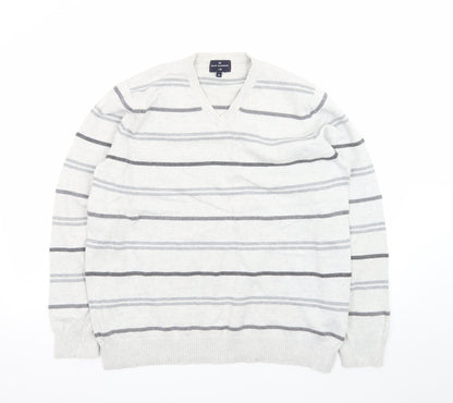 Marks and Spencer Blue Harbour Women's Grey Striped V-Neck Jumper Size M