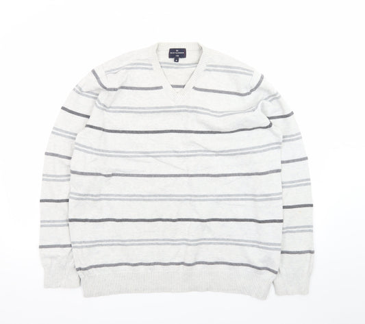 Marks and Spencer Blue Harbour Women's Grey Striped V-Neck Jumper Size M