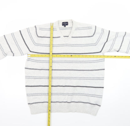 Marks and Spencer Blue Harbour Women's Grey Striped V-Neck Jumper Size M