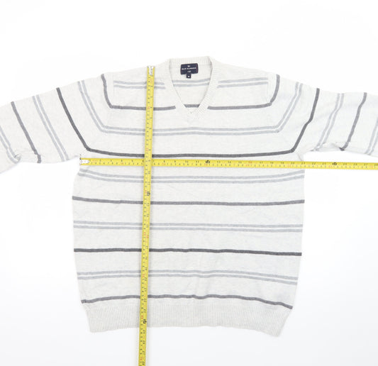 Marks and Spencer Blue Harbour Women's Grey Striped V-Neck Jumper Size M