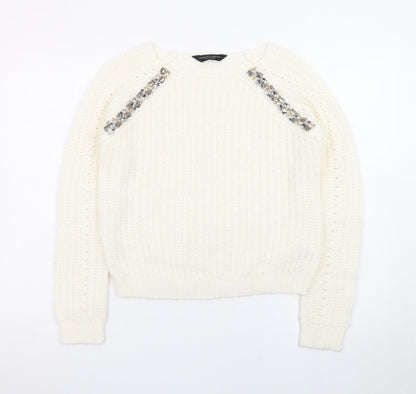Dorothy Perkins Women Ivory Beaded Knit Jumper Size 10