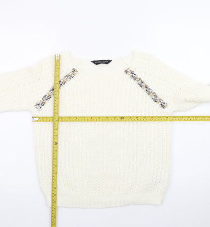 Dorothy Perkins Women Ivory Beaded Knit Jumper Size 10