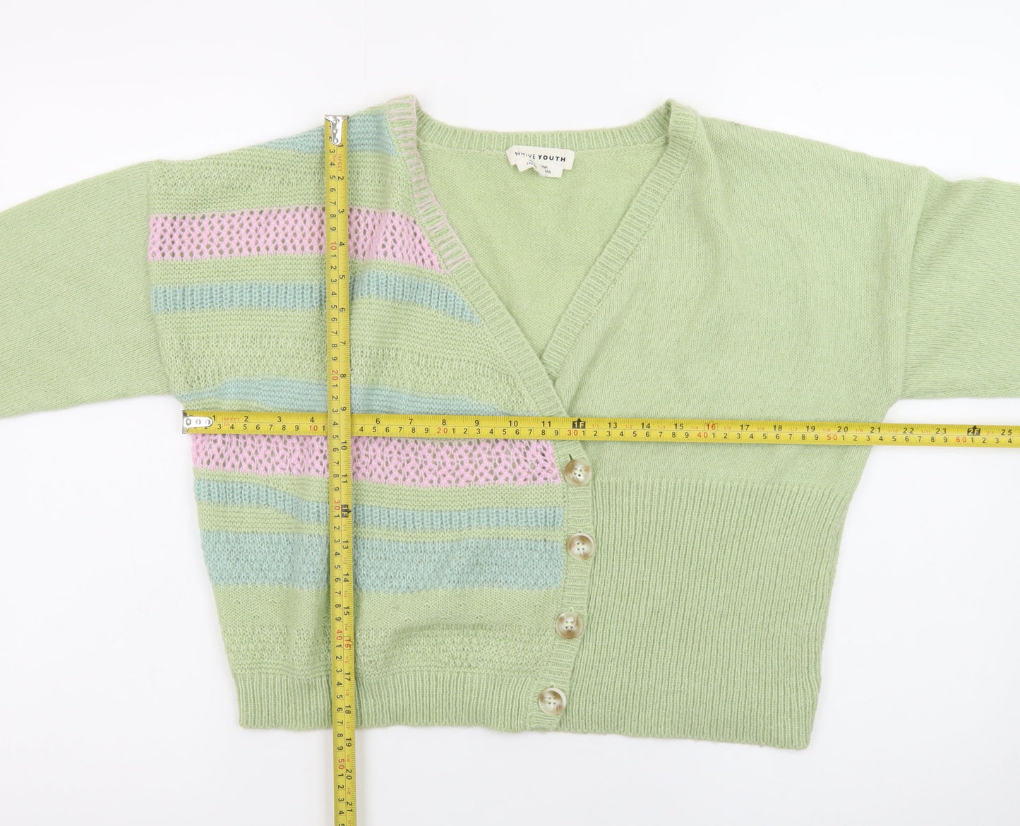 Native Youth Women Green XS Striped Button Cardigan Knit Jumper