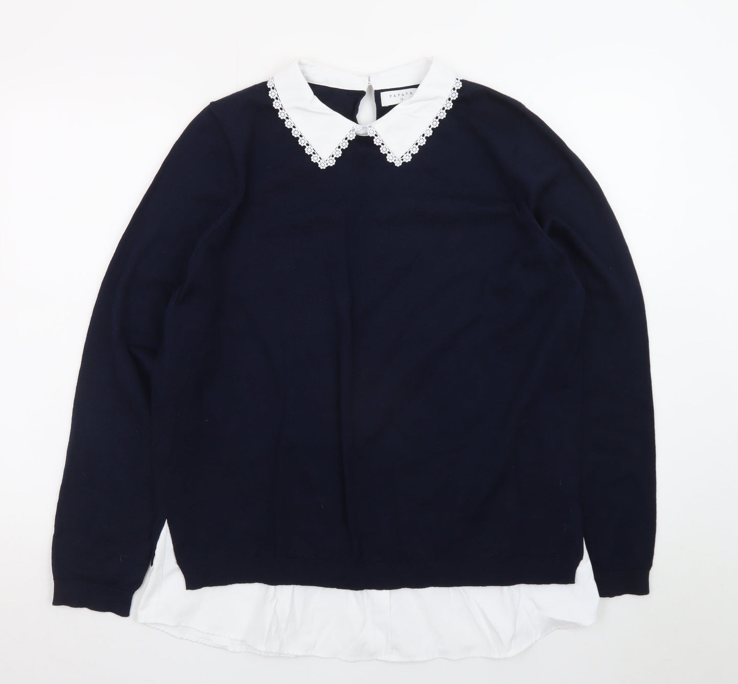 Papaya Women’s Blue Collared Pullover Jumper Size 16 Embroidered Collar