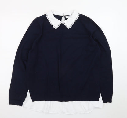 Papaya Women’s Blue Collared Pullover Jumper Size 16 Embroidered Collar