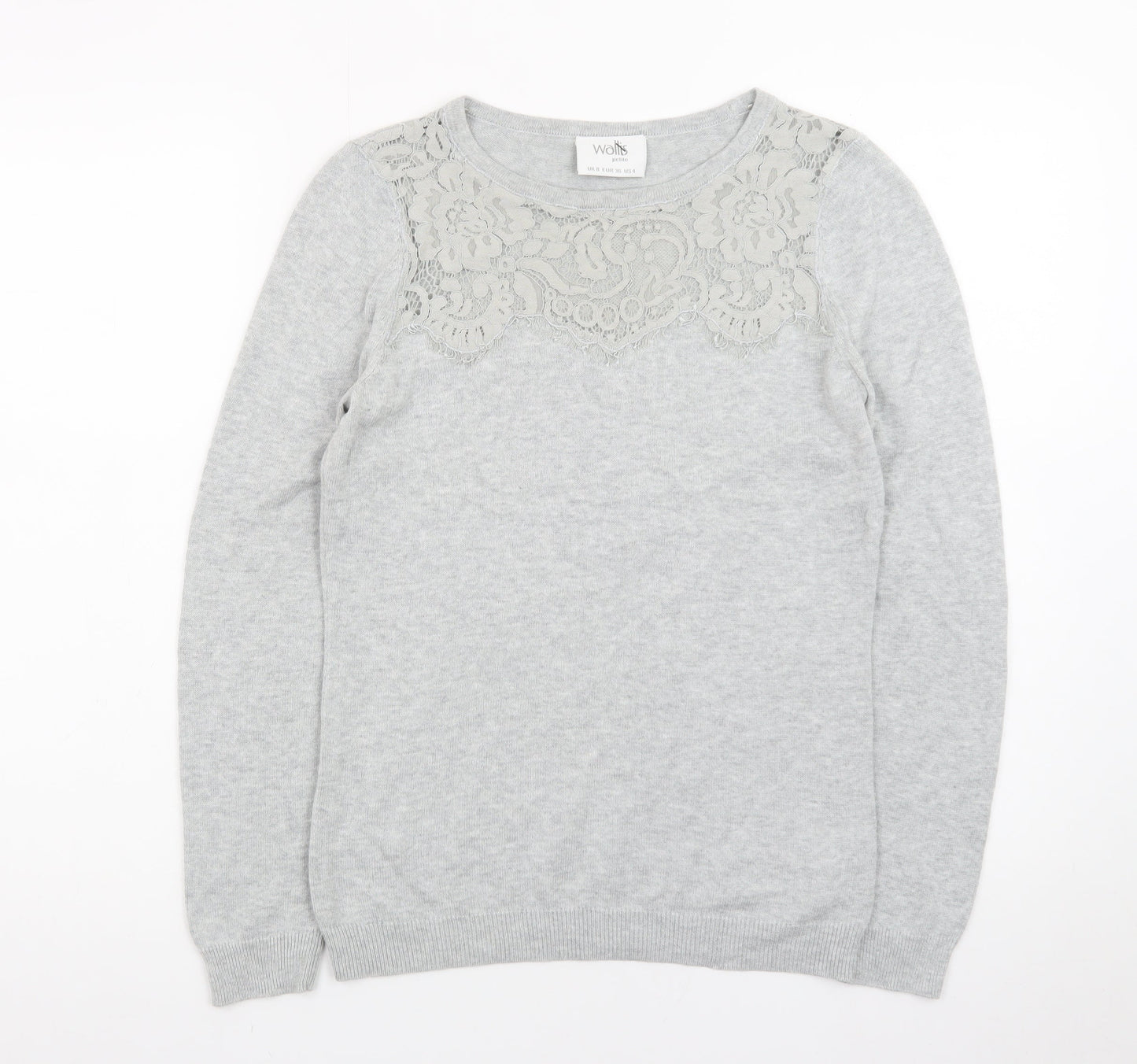 Wallis Women’s Grey Petite Lace Crew Neck Jumper Size 8