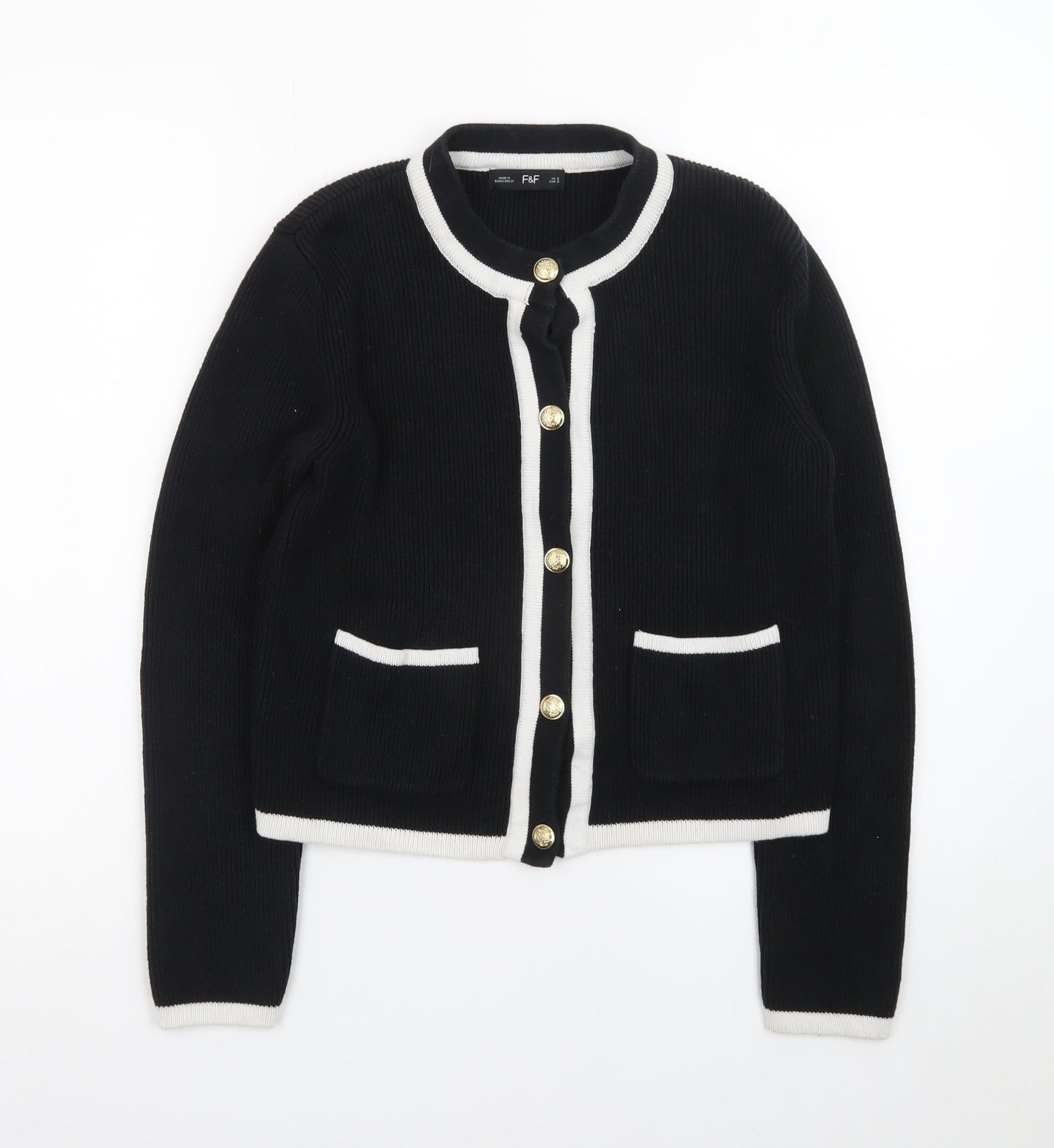 F&F Women's Black Contrast Trim Button Cardigan Size S